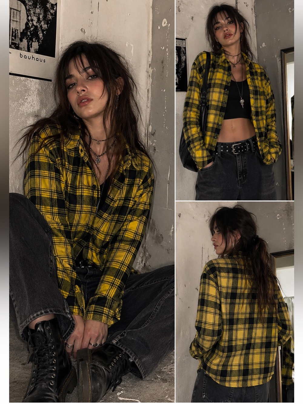 Forever 21 Yellow and Black Checkered Men's Shirt size large emo grunge